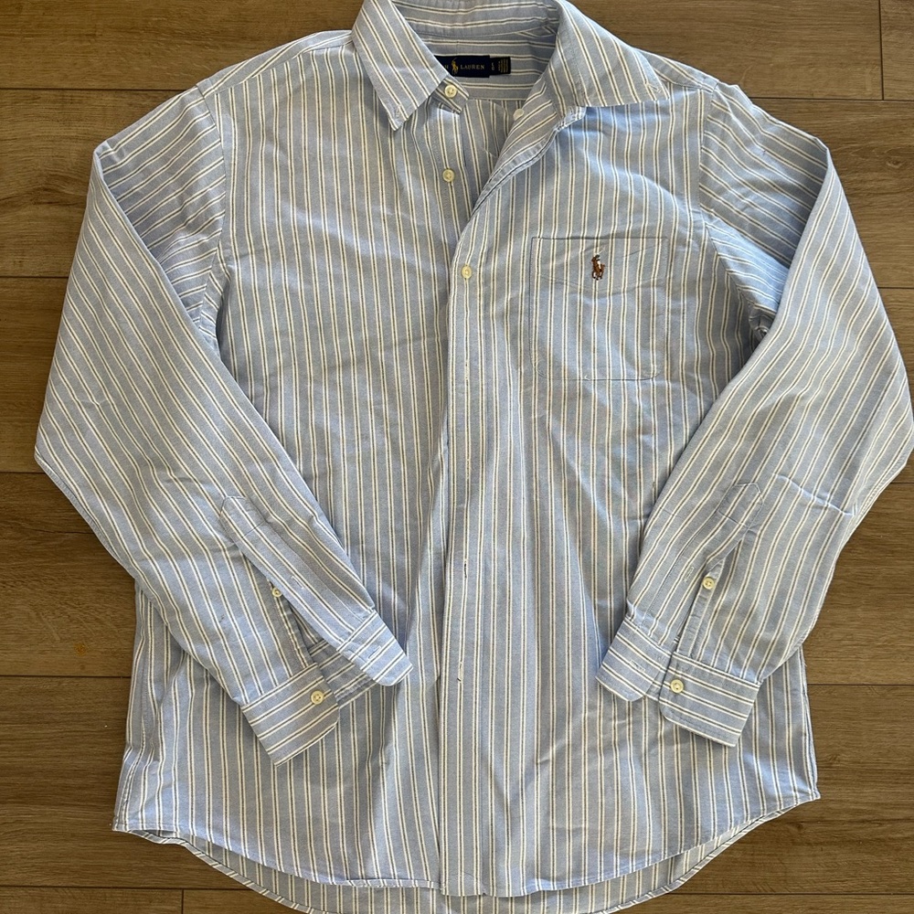 Ralph Lauren Men’s Light Blue and White Striped Shirt large